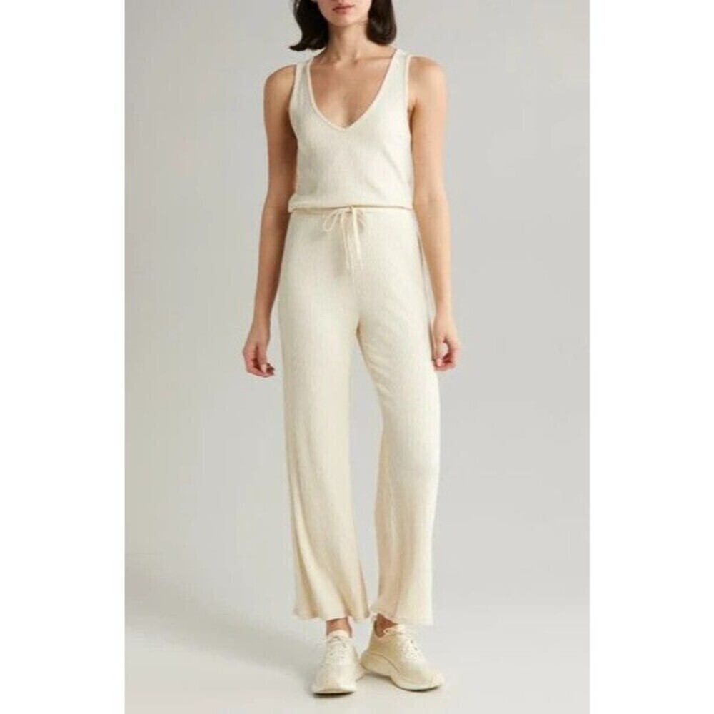 Beyond Yoga Jumpsuit Womens Medium Ivory Ribbed V-Neck Drawstring Made in USA